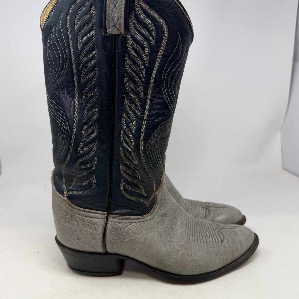 Tony Lama Cowboy Boots Mens 9 D 8056 Grey Navy Blue Leather Western Stitched EUC